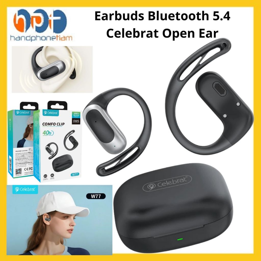 Earbuds Bluetooth 5.4 Celebrat W77 Open Ear Headset Nirkabel Ergonomis