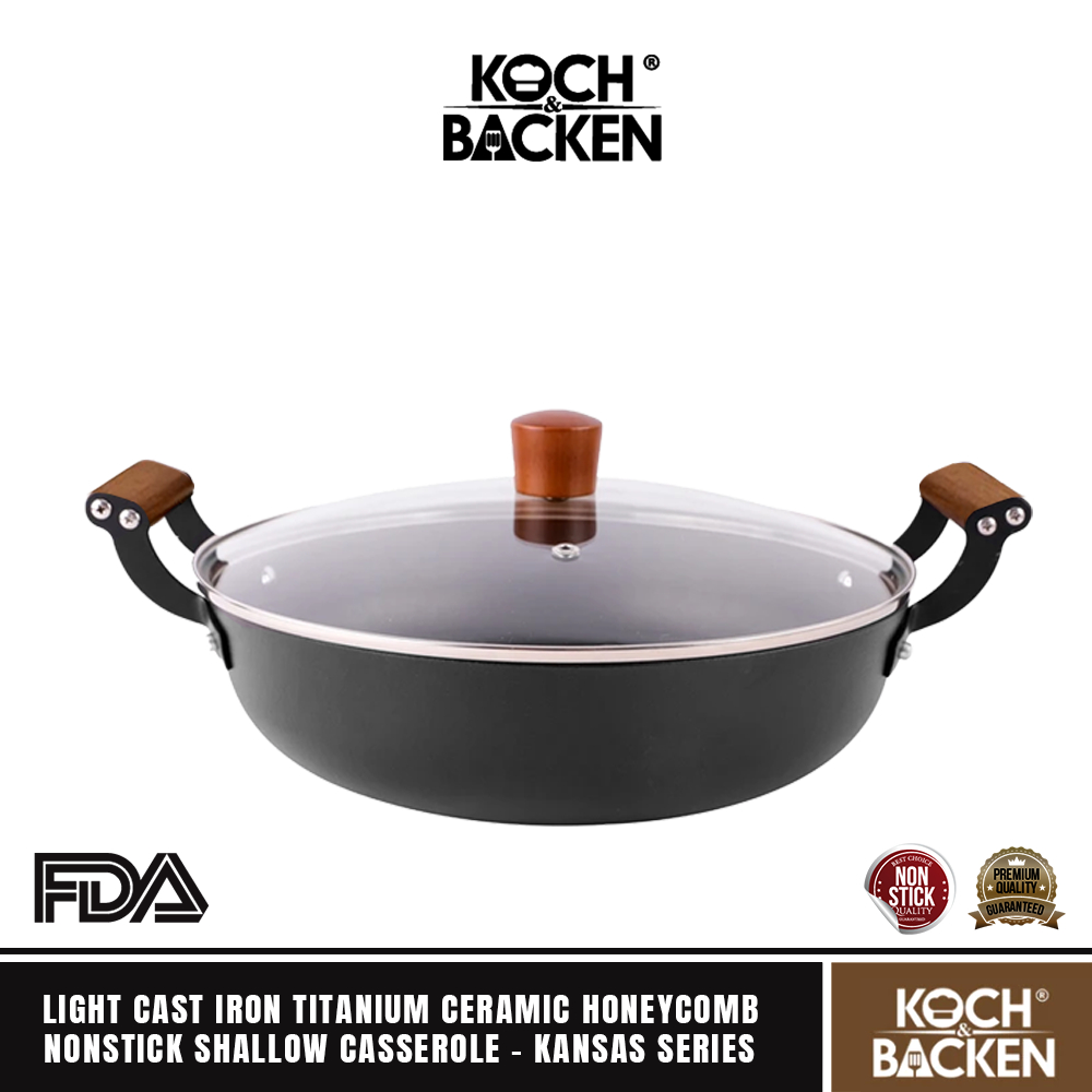 KOCH&BACKEN Light Cast Iron Titanium Ceramic Honeycomb Nonstick Shallow Casserole - Panci Wajan Besi