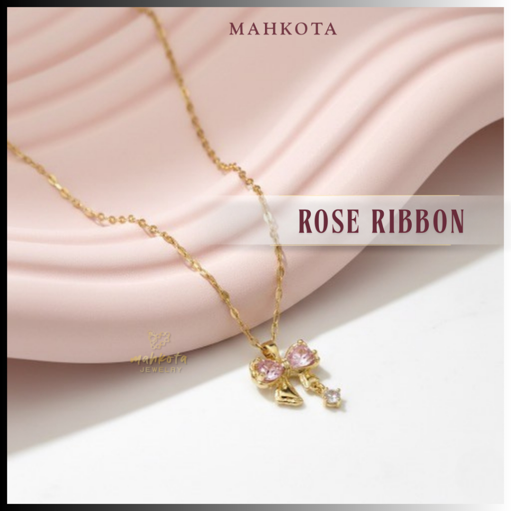 K63 Kalung Wanita Korean 6 Lapis Pelapisan Emas 18KGP • Liontin Pita Pink Permata Zircon • Anti Kara