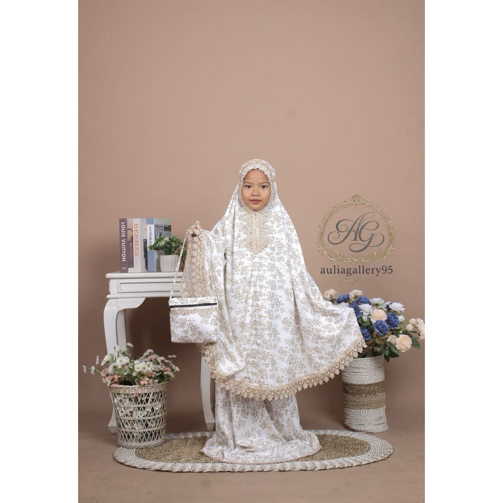 mukena anak (2in1)katun foil motif bunga terbaru untuk usia 5-15thn.