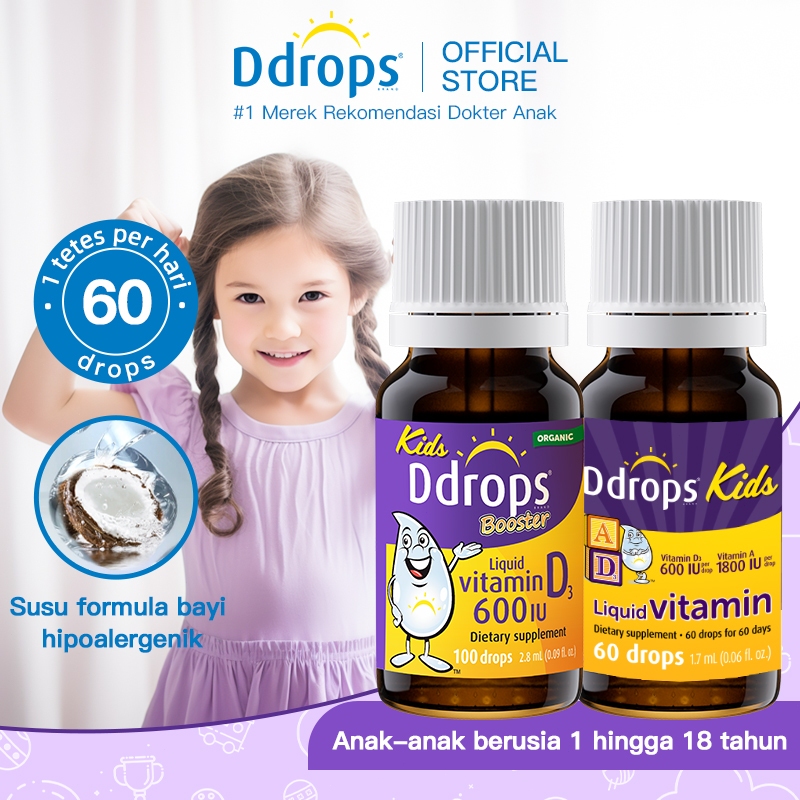 Ddrops Anak Tulang & Penglihatan Kombinasi – Vitamin D3 Cair 600IU + Vitamin A&D | Mendukung Pertumb