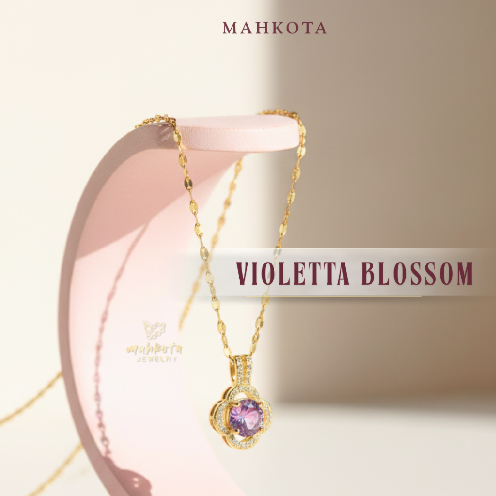 K56 Kalung Wanita Korean 6 Lapis Pelapisan Emas 18KGP • Liontin Permata Bunga Violet • Anti Karat An