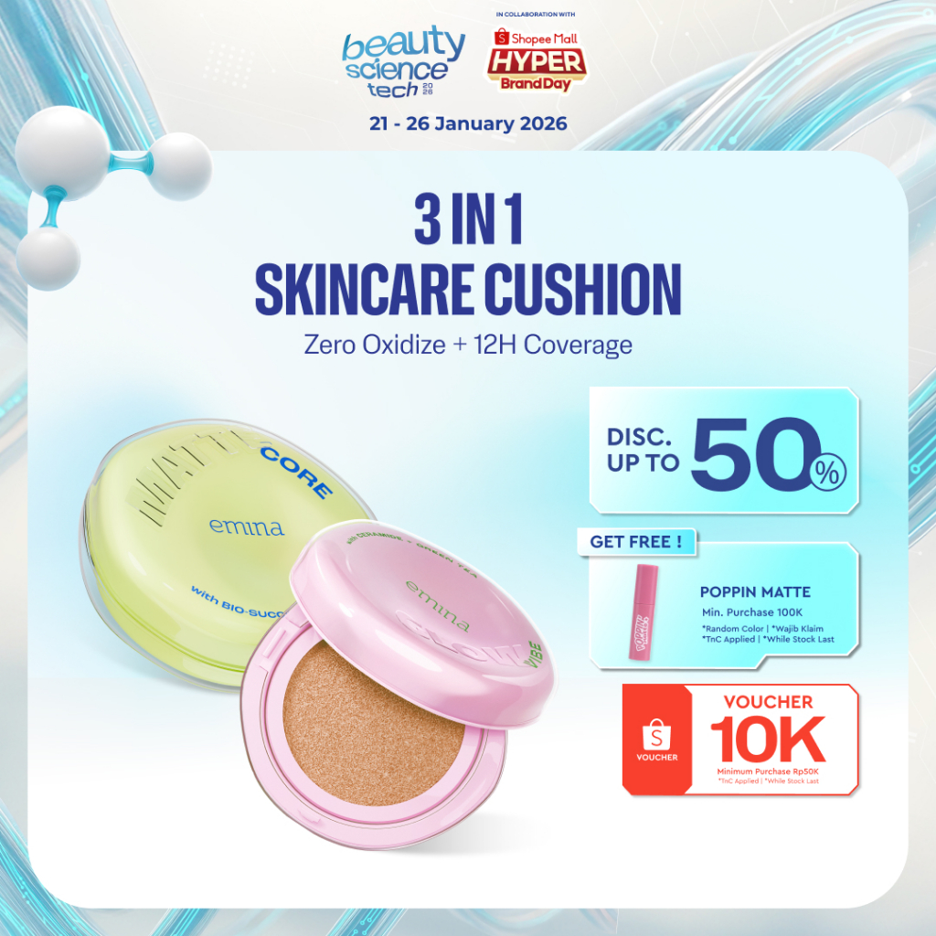 NEW Emina Glow & Matte 3in1 Skincare Cushion SPF 50 PA++++ 13 G | Flawless Lightweight Make Up Found