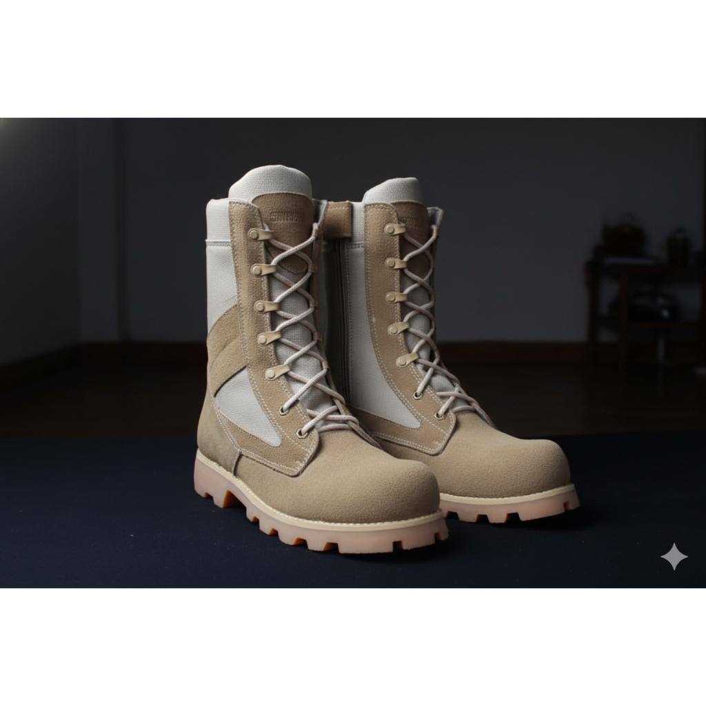 SEPATU ZIMZAM PDL ZERO CREAM HIGH BOOT SAFETY PRIA UJUNG BESI TNI POLRI KERJA LAPANGAN