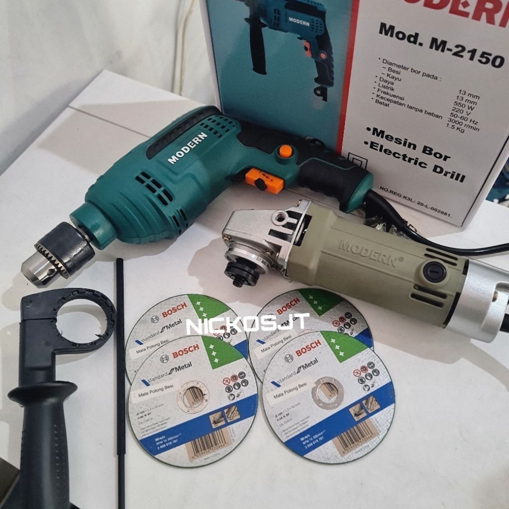 Paket hemat 4 Modern - Mesin Bor M-2150 + Mesin Gerinda M-2350B (bonus 4 batu bosch) / paket set mod