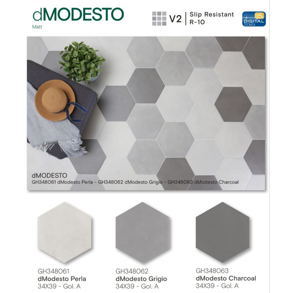 KERAMIK LANTAI 34X39 CM ROMAN HEXAGONAL DMODESTO PERLA/GRIGIO/CHARCOAL GRADE A