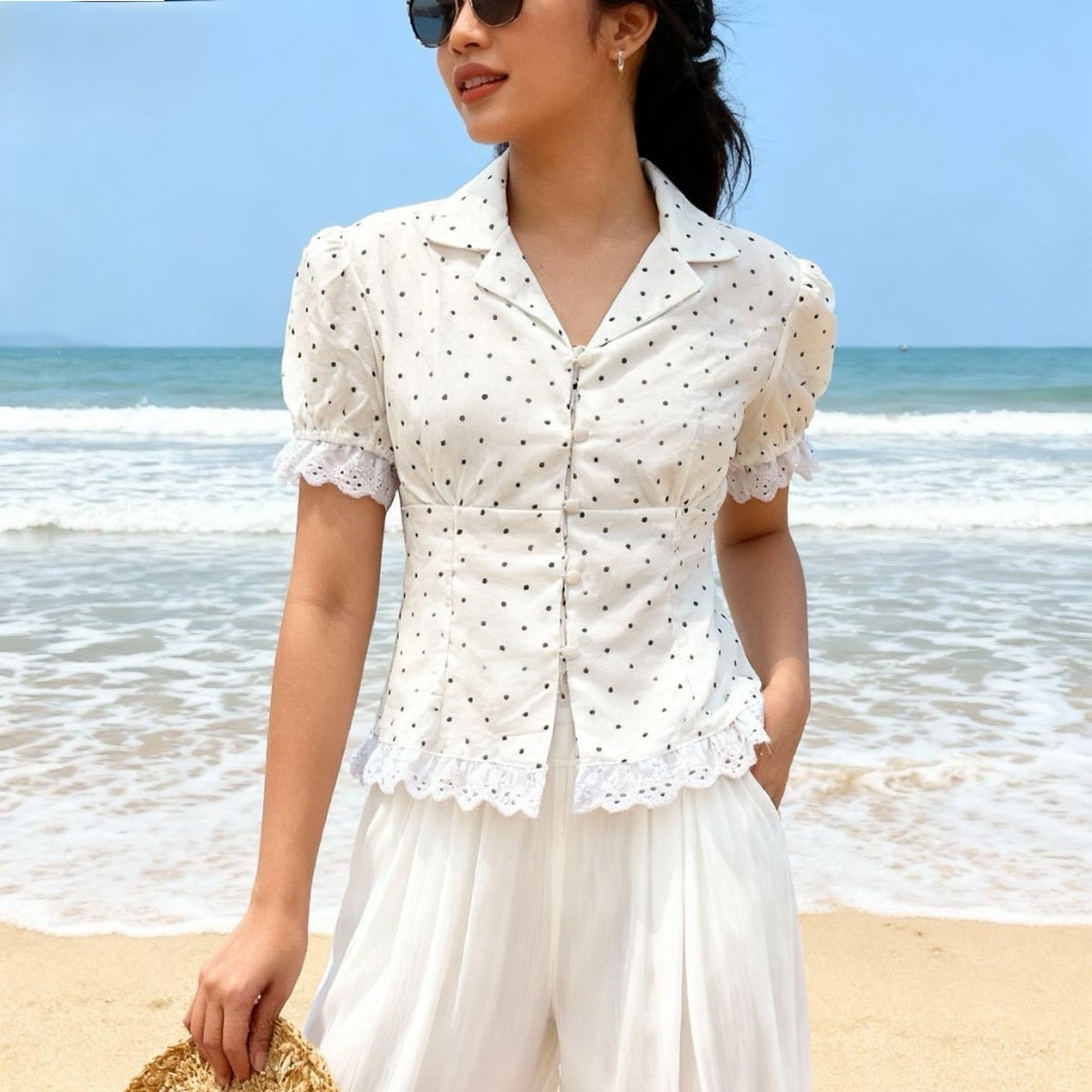 CALEA Snowie Blouse Wanita Polkadot Hitam Putih Lengan Pendek Puff Sleeve Atasan Wanita Fitted Lenga