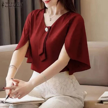 Pakaian Kantor Korean Style Blouse Maroon Rayon Twill Lengan Pendek Atasan Wanita