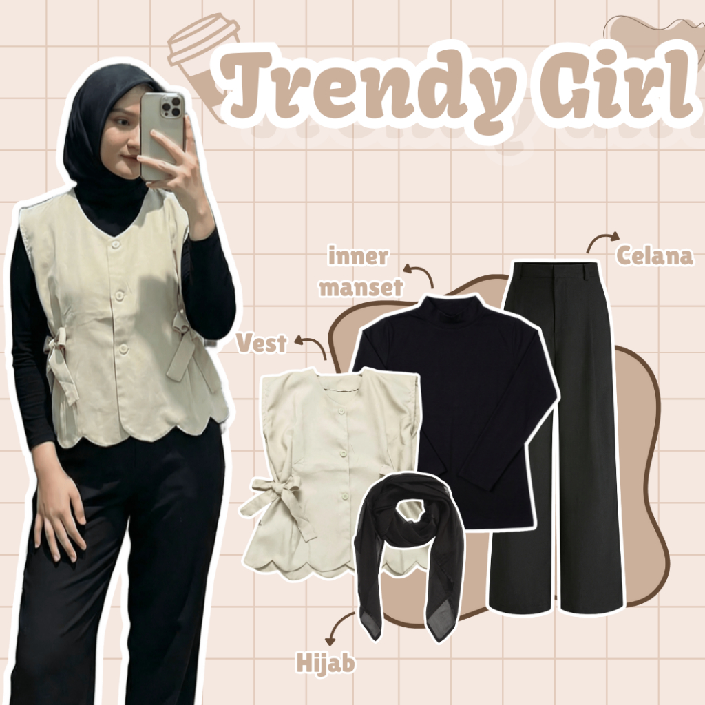 One Set Wanita Remaja | Vest, Inner Manset, Celana, Hijab | Outfit Hijab Casual, Baju Cewek, OOTD