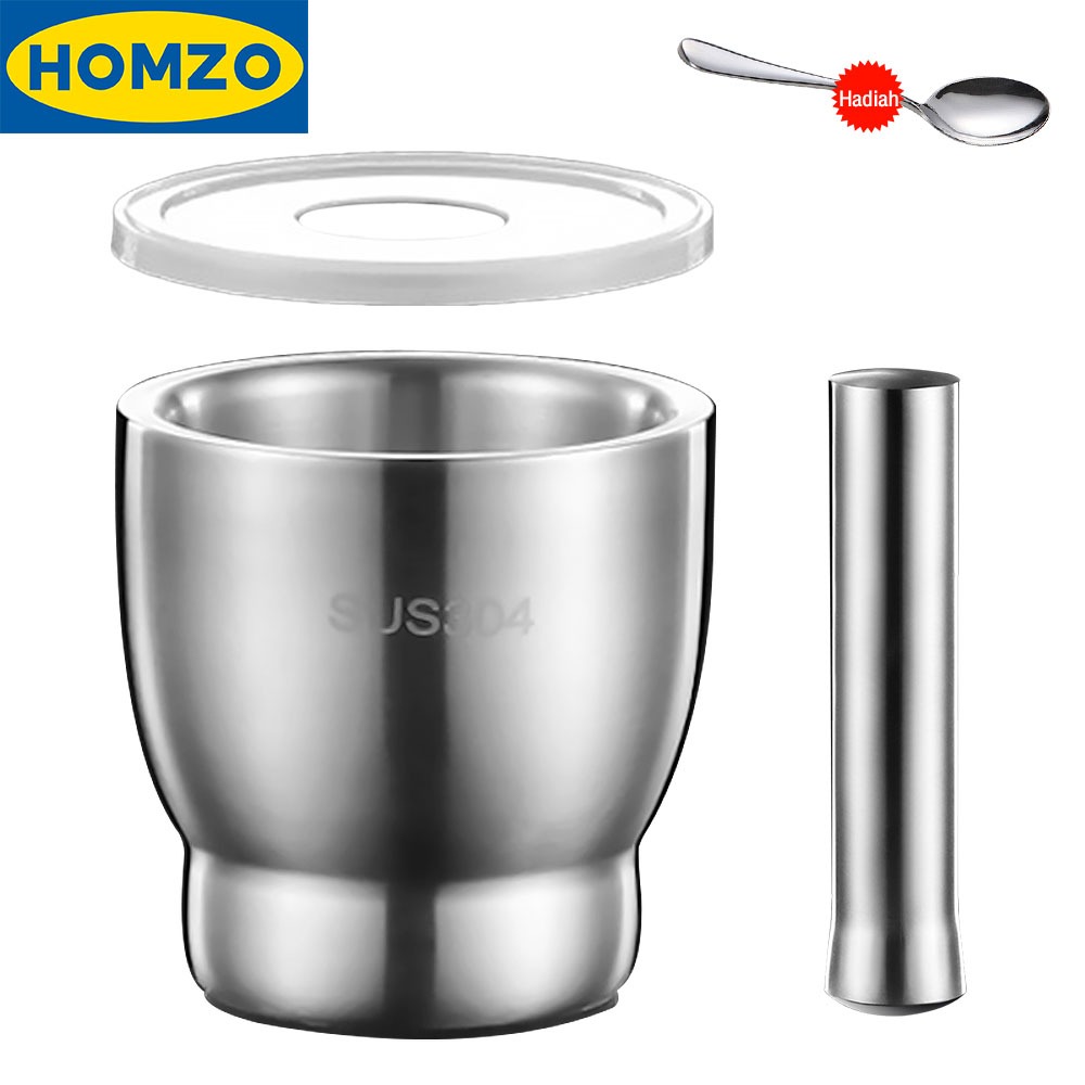 HOMZO Cobek Stainless Steel Ulekan Modern Lumpang Penghancur Bumbu Dapur Tutup Anti Cipratan Tumbuka