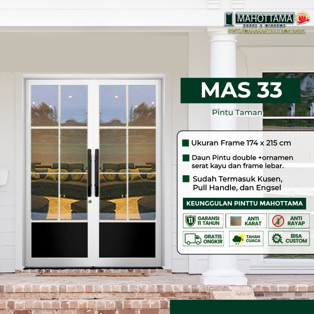 MAHOTTAMA MAS33 - Pintu Rumah Kamar Tidur Kamar Mandi Kaca Aluminium 174 x 215cm Utama 1 Set Kunci H