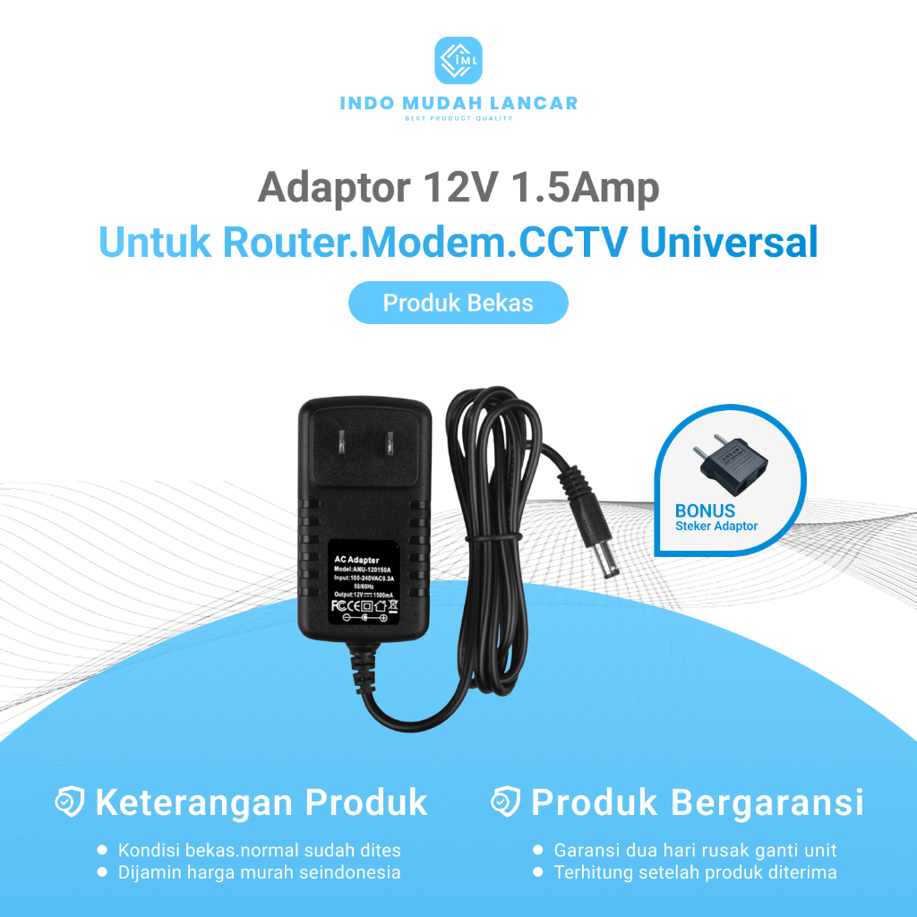 Adaptor 12V-1.5Amp Untuk Router/Modem/CCTV/STB/HTB Universal Bekas Original