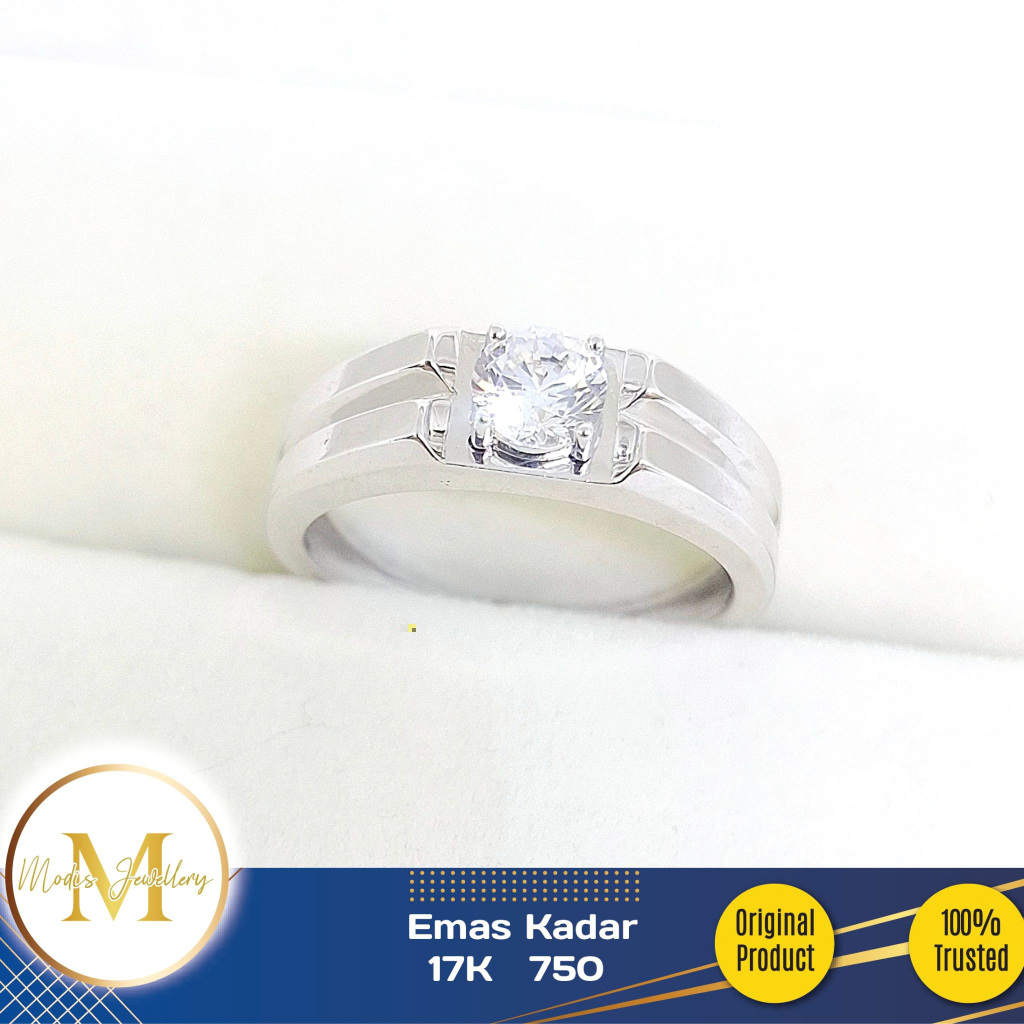 MODIS JEWELLERY - Cincin Pria Fashion Solitaire Putih - Emas 17k  750