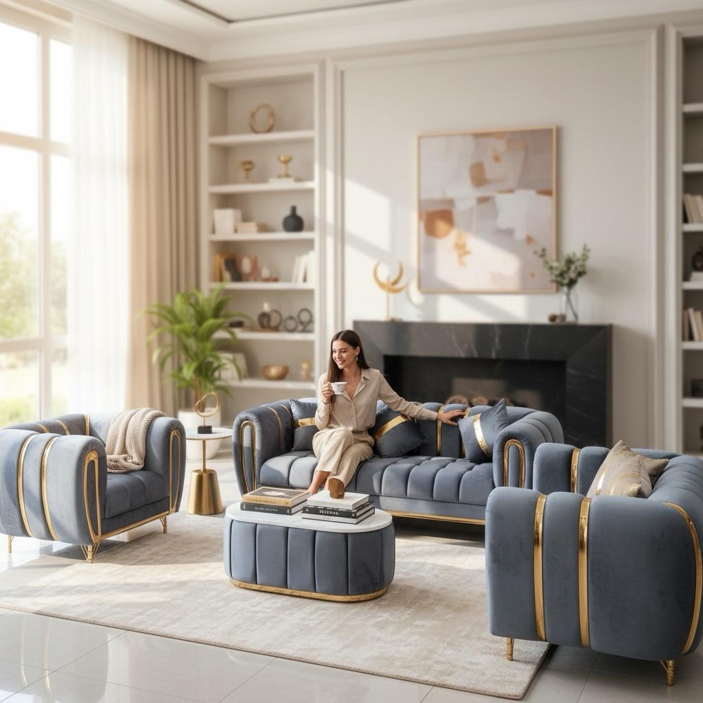 Sofa Tamu Lembut Foxy ABU 321 Labubu + Meja Tamu