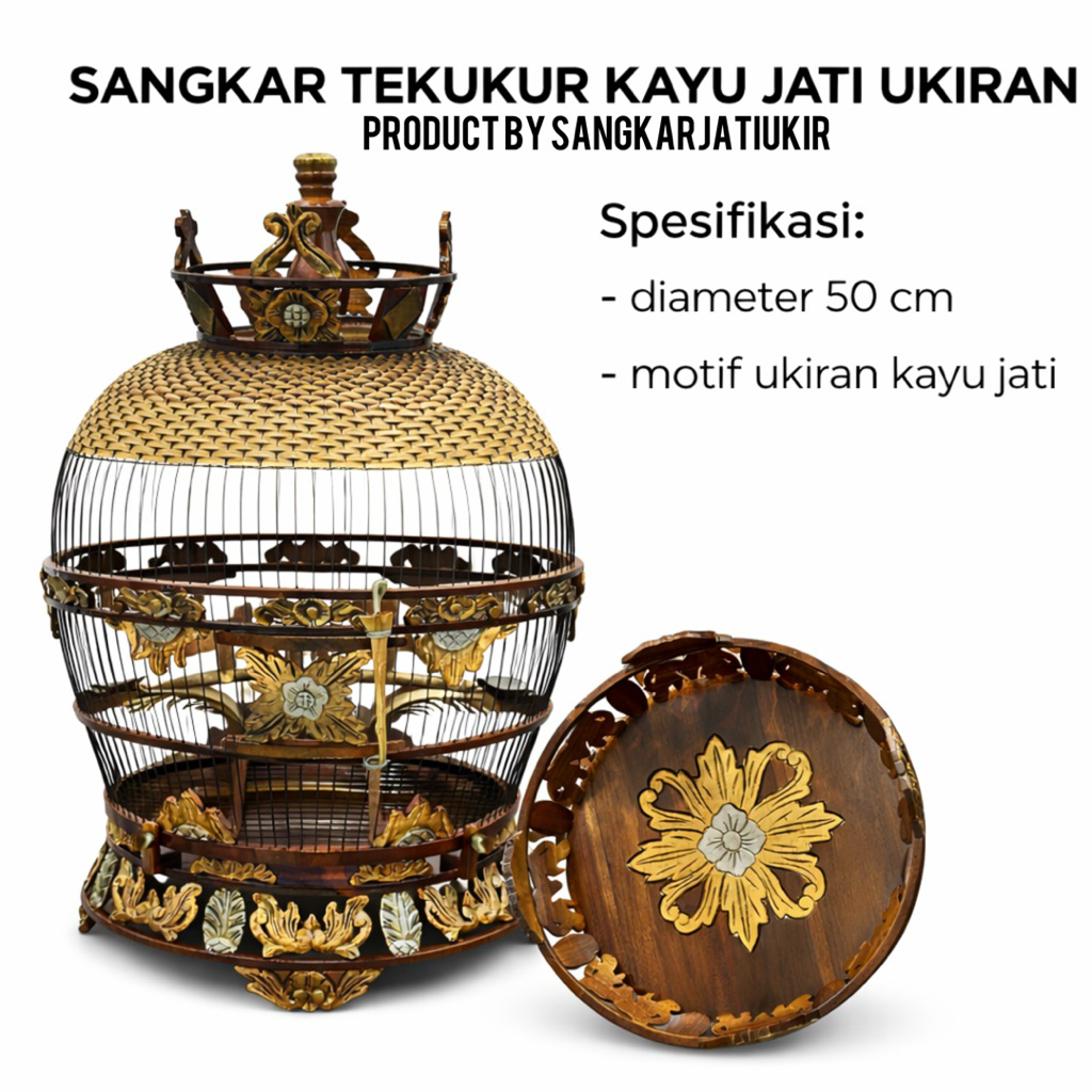 Sangkar Tekukur Puter Pelung Kayu Jati Ukiran Jepara Kombinasi Rotan Diameter 50 cm
