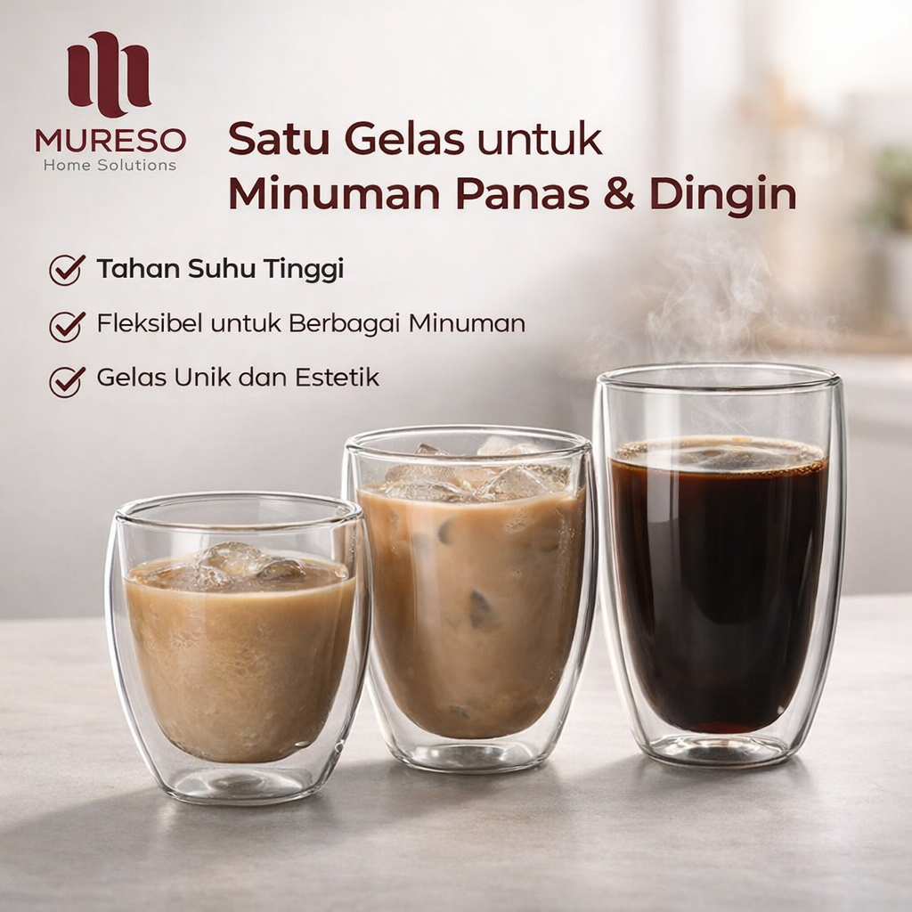Gelas Kaca Double Wall Borosilikat Tahan Panas & Dingin | Gelas Kopi Teh Estetik Premium - OTCPLY170