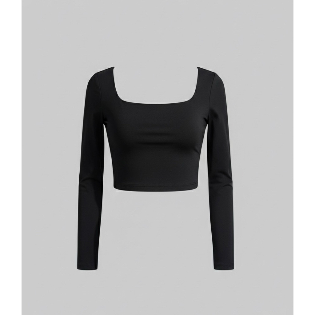 KURVE Barekurve Long Sleeve Square Neck Top Slim Fit Seamless Crop Top for Women - Black