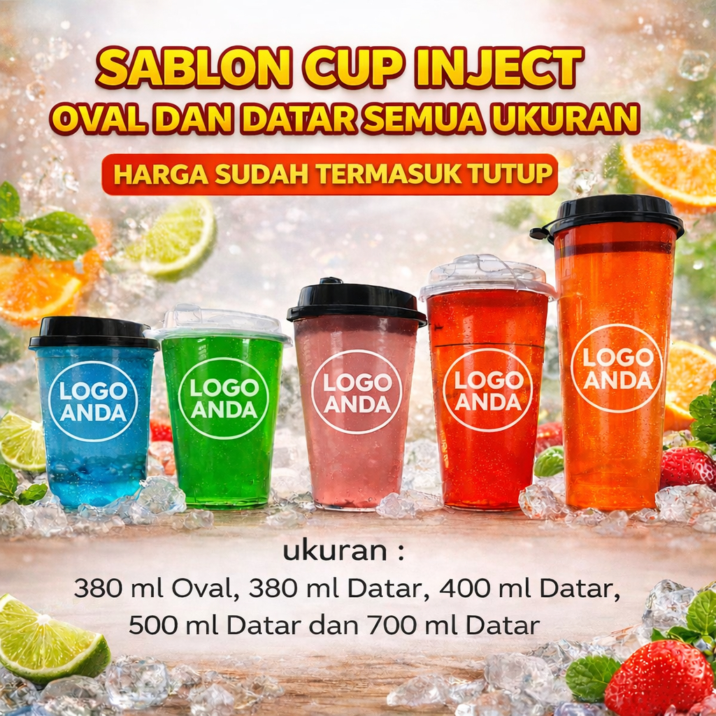 Sablon Cup Inject + Tutup Inject semua ukuran, Cup inject 12 OZ, 14 OZ, 16 OZ dan 22 OZ, Custom cup 