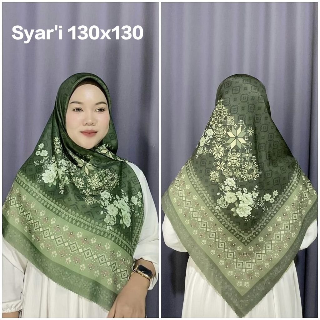 KERUDUNG SYAR'I JUMBO HIJAB SEGI EMPAT VOAL MOTIF BUNGA KHANZA ARMY HIJAU TUA