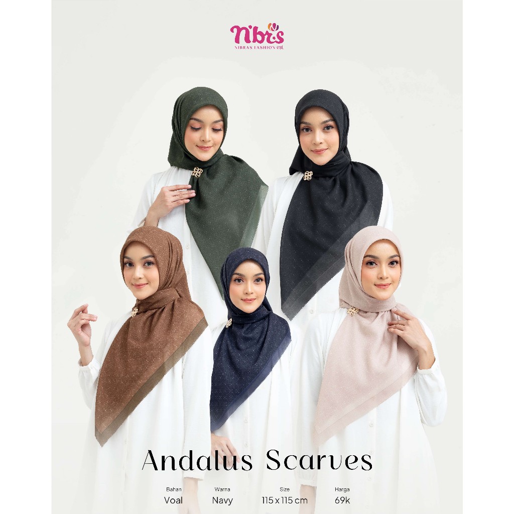 Jilbab Nibras Andalus Scarves Jilbab Segiempat Bahan Voal Warna Beige Black Emerald Mahogany Navy