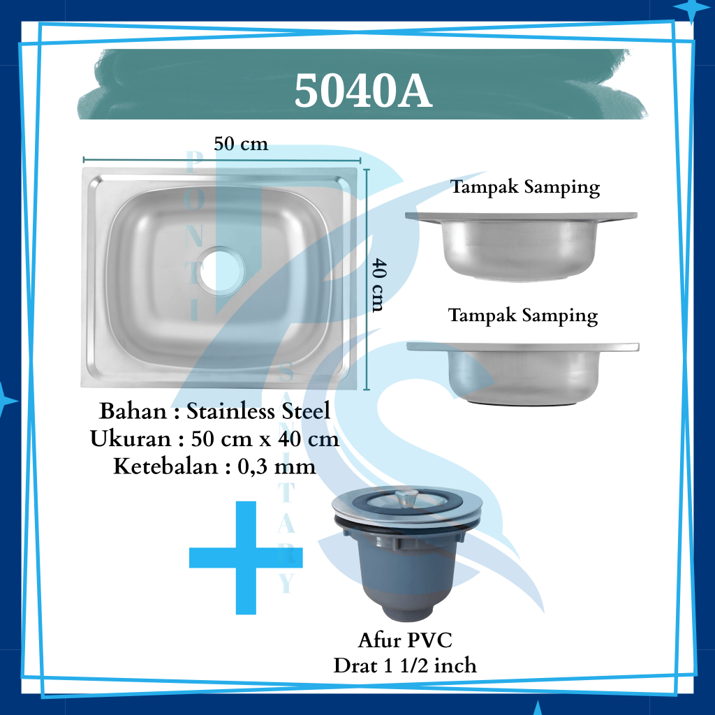 Wastafel Bak Cuci Piring Kitchen Sink Komplit Keran Sink Stainless Steel 50x40 75x40 96x43