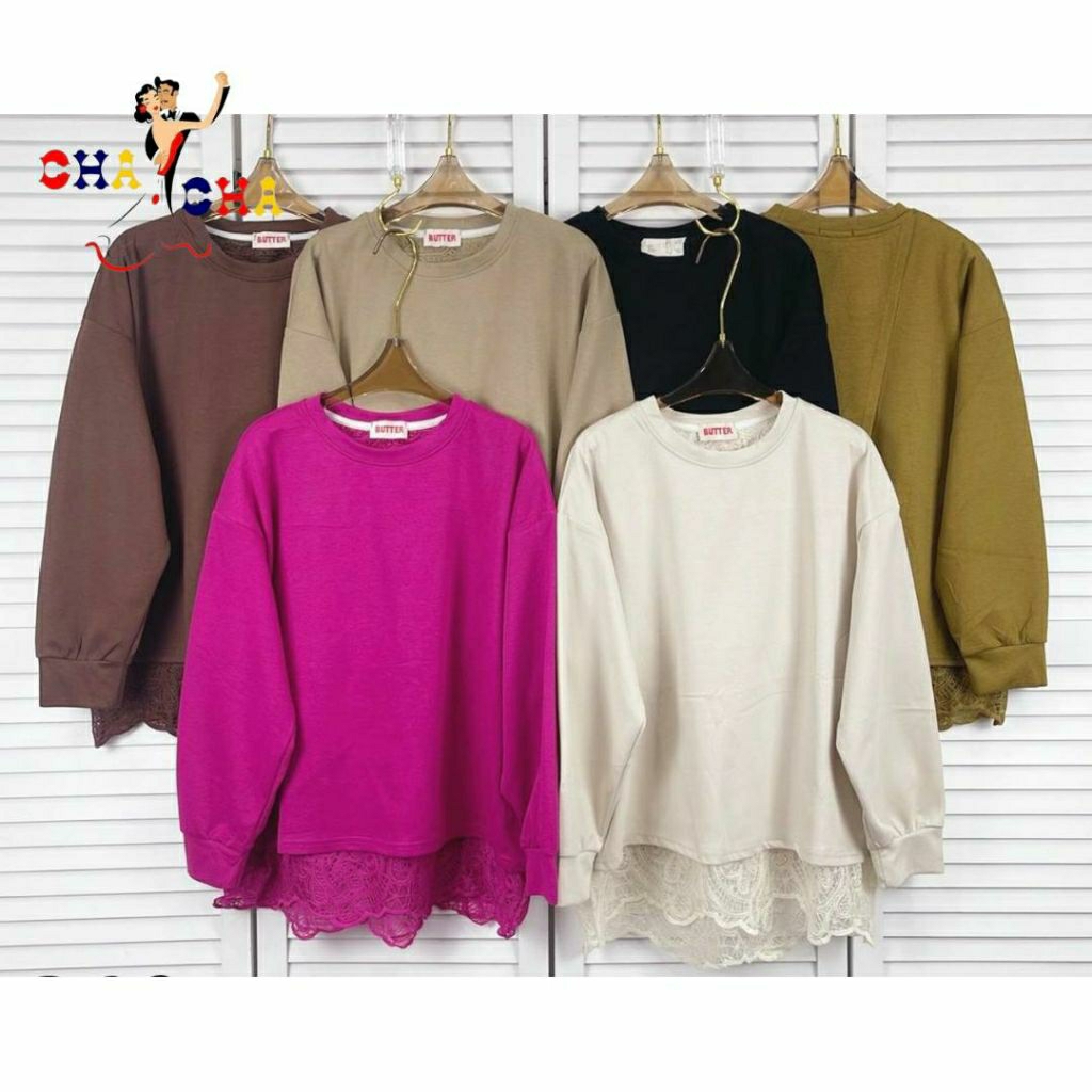 CHASHOP-ATASAN KAOS BUTTER VARIASI BROKAT /ATASAN IMPORT KAOS CASUAL WANITA