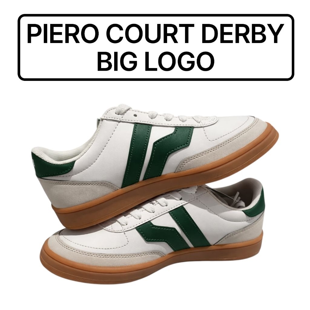 Sepatu Sneakers Piero Court Derby Big Logo Original White Green Gum