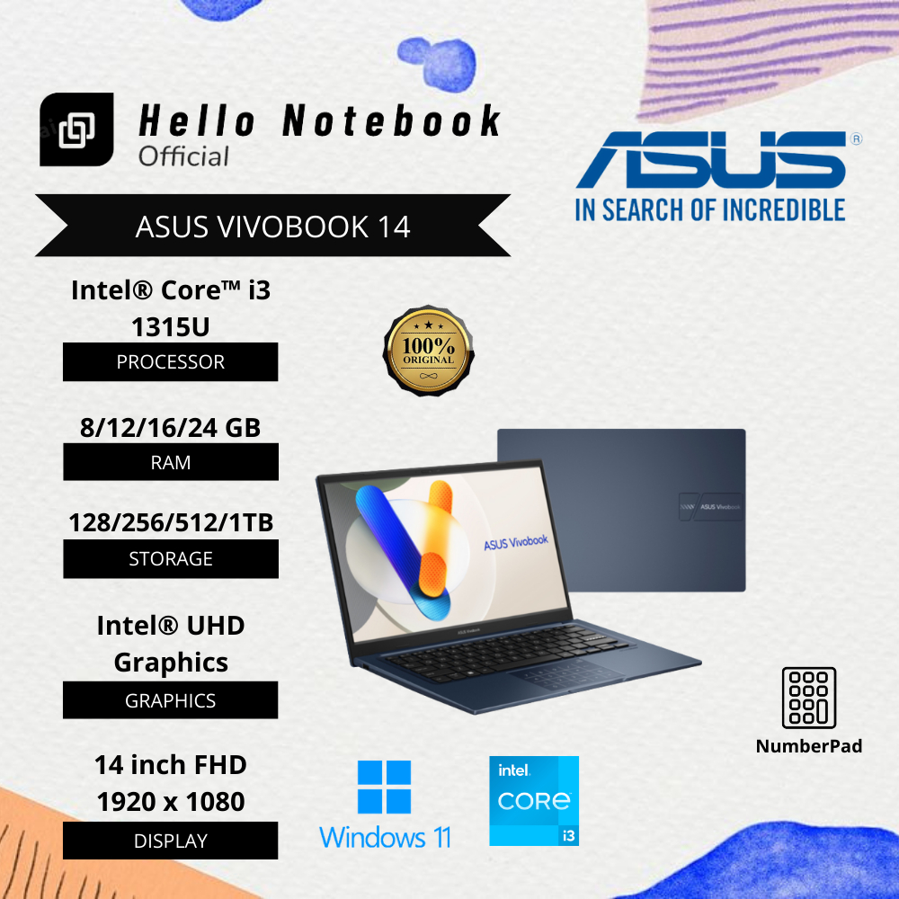 Laptop Baru Asus Vivobook 14 Intel Core i3 Gen13 | Intel Core i7 Gen13 SSD Numbricpad