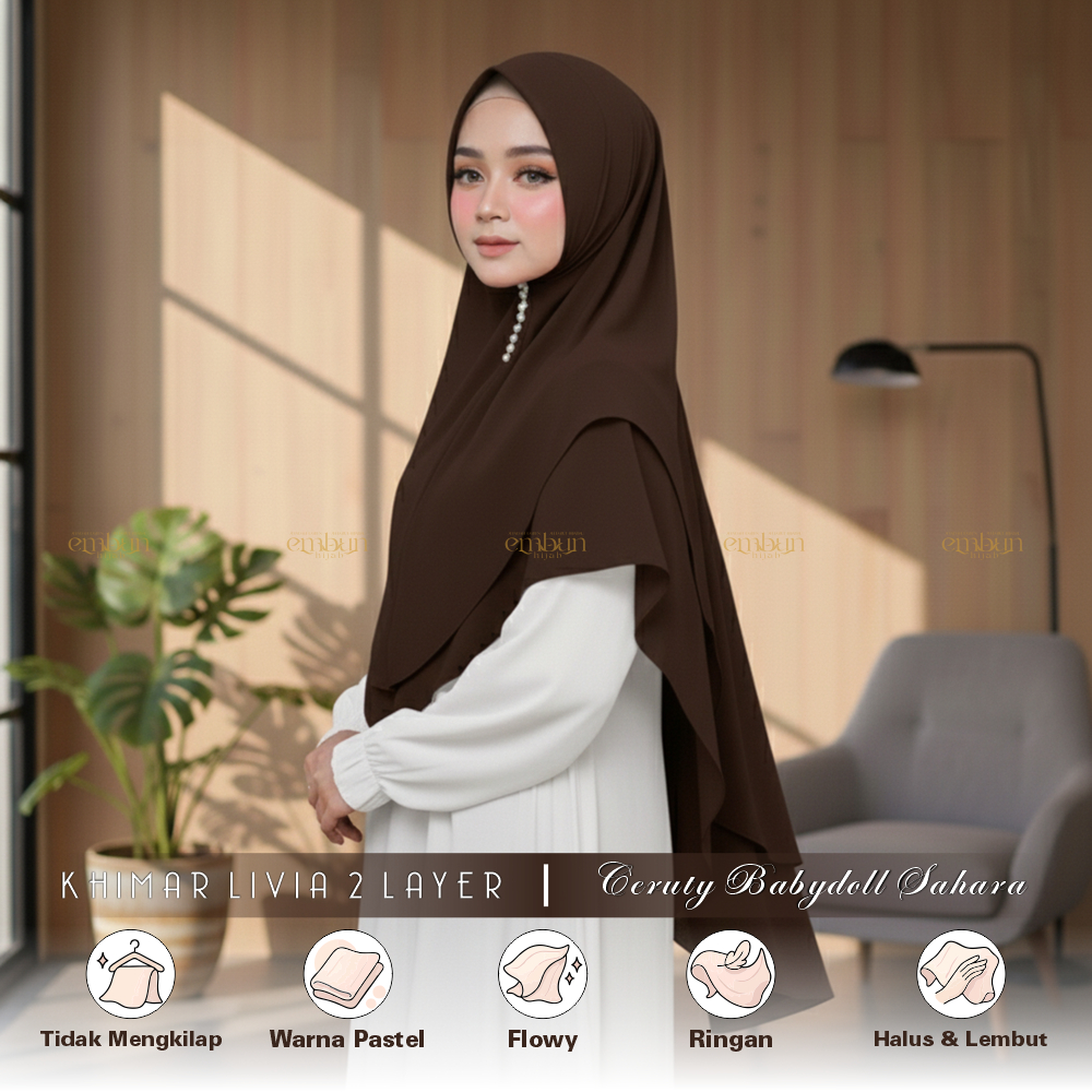 Hijab Khimar Syar'i Jumbo 2 Layer Oval Mahogany Ceruti Babydoll Premium | Based Embun Hijab