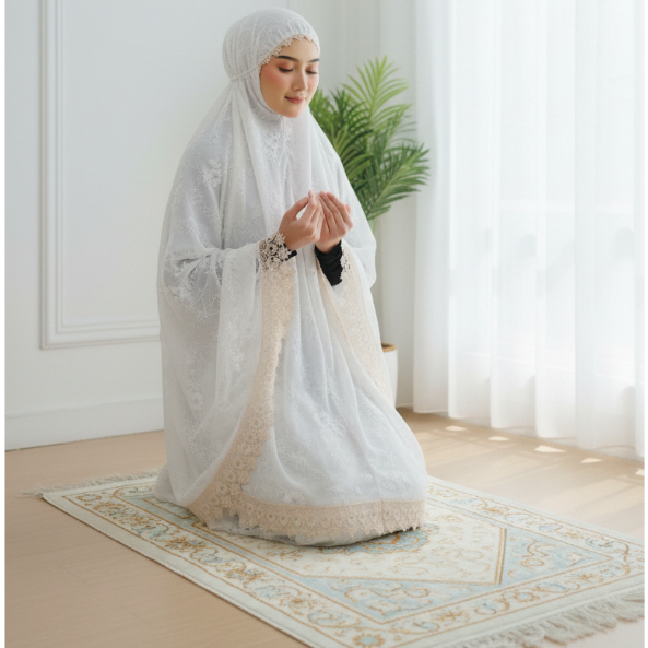 Mukena Dewasa Sutra Velvet Brokat Gliter Mewah Renda Ziper 2in1 Tile Brukat Seruni