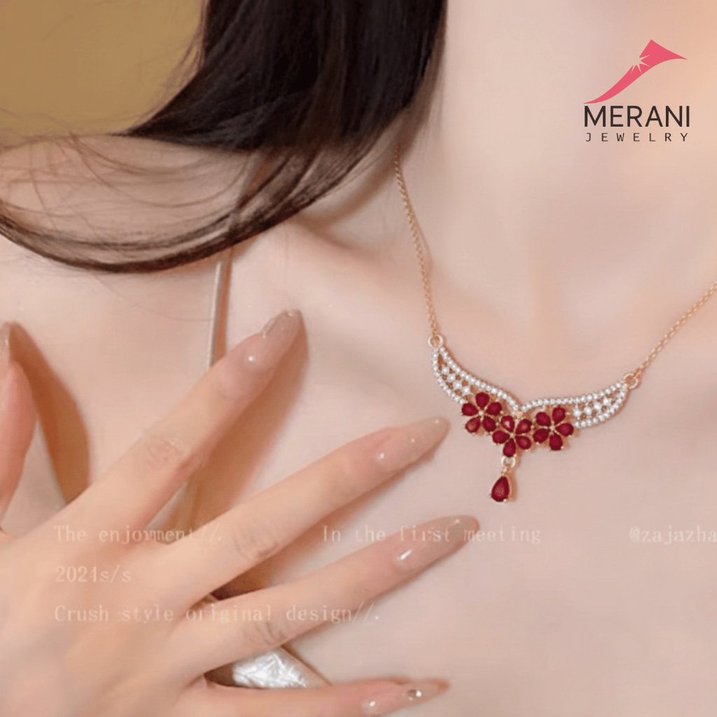Merani Jewelry Kalung Koye Bunga Bunga Permata Ruby Titanium Lapis Emas Anti Karat 090