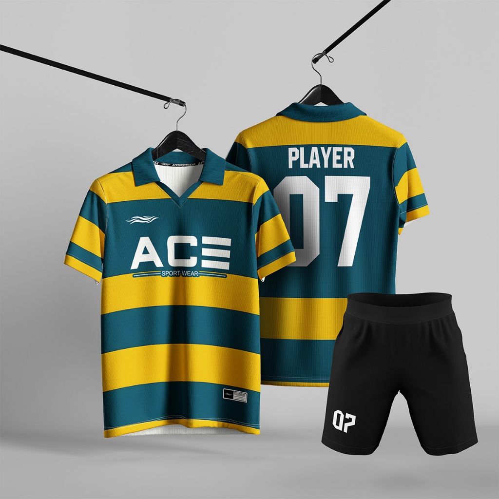 Jersey Futsal Seragam Tim Unisex Desain Strip Horizontal Kuning Hijau Kerah Polo