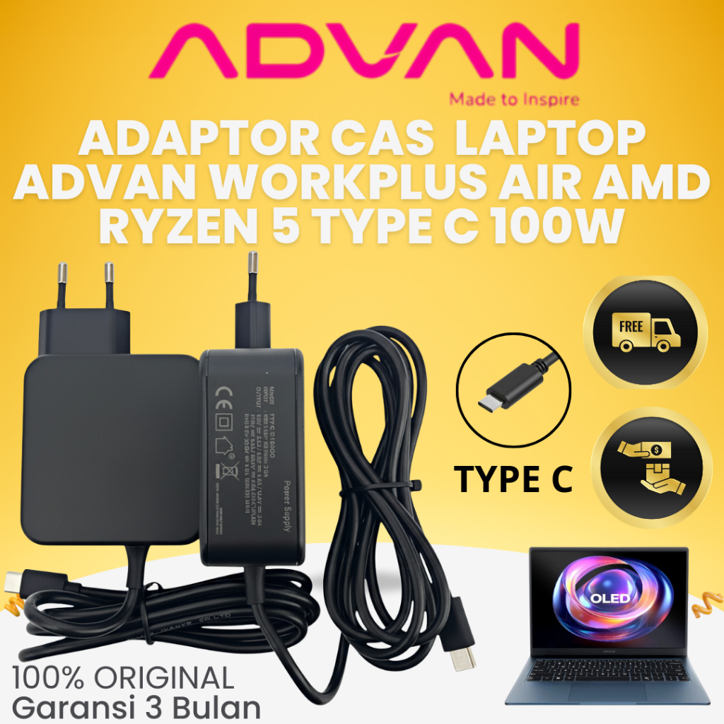 CAS ADAPTOR LAPTOP ADVAN WORKPLUS AIR AMD RYZEN 5 TYPE C 100W GARANSI 3 BULAN