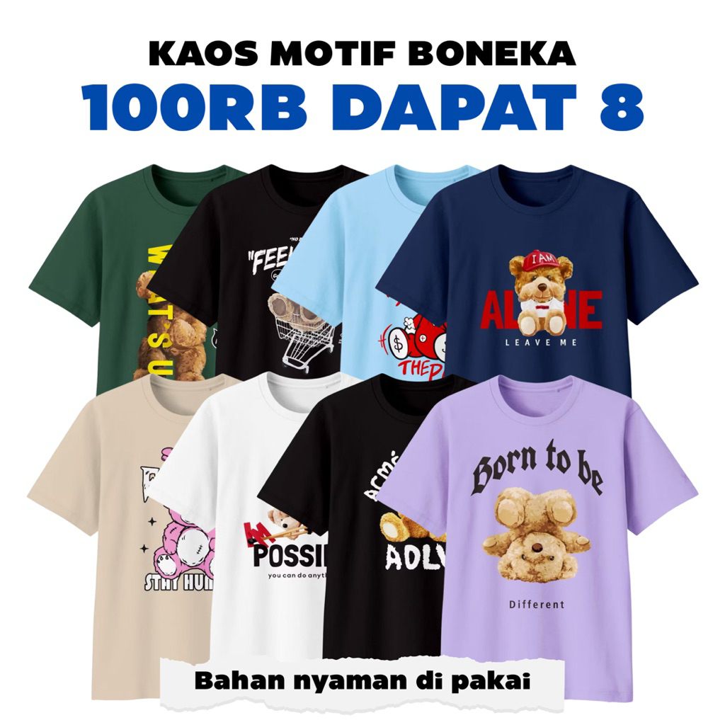 Kaos Distro Motif Boneka | 100RB Dapat 8 Pcs | Kaos Murah Dewasa Pria Wanita