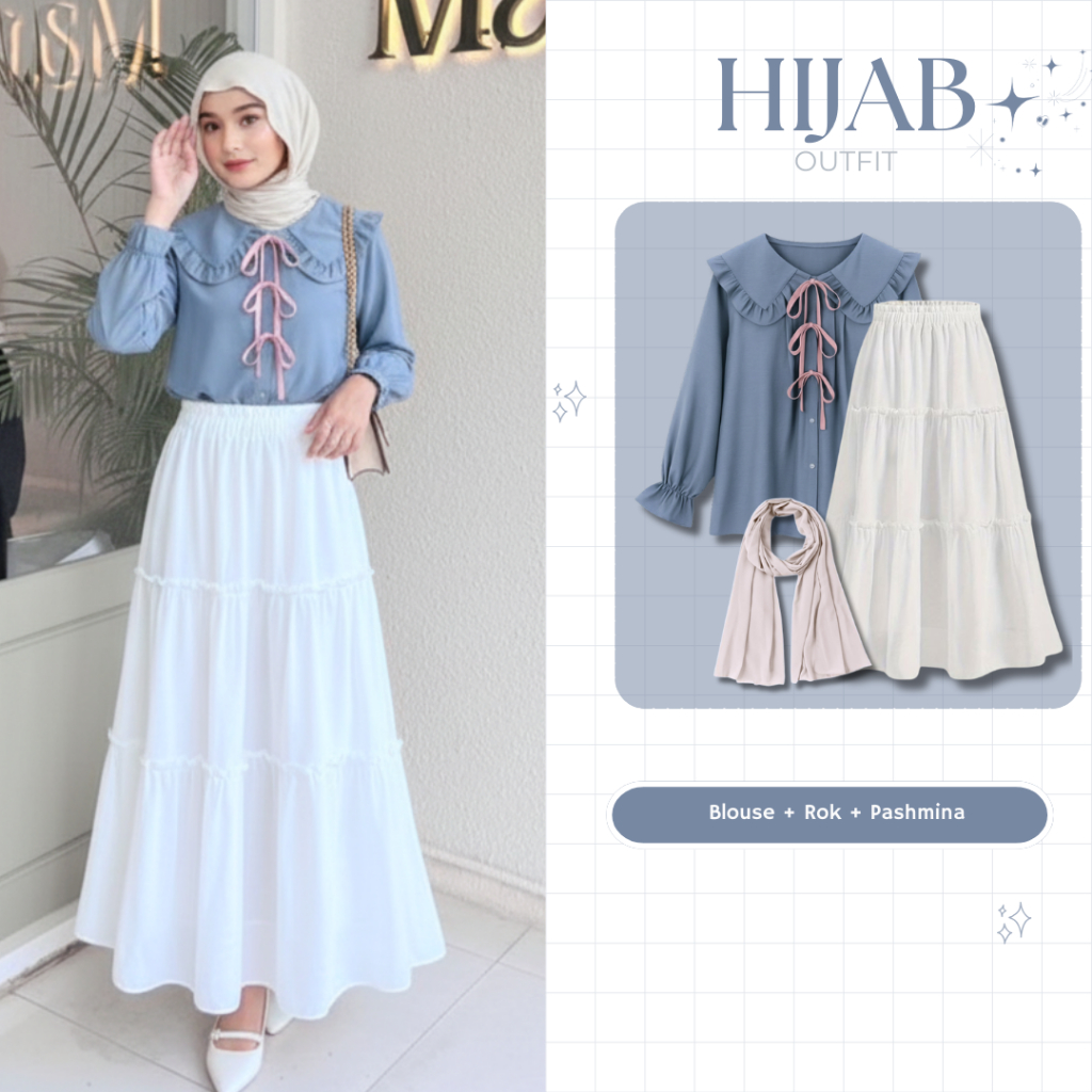 Ootd Korean Outfit Oneset Style (Rok Susun Putih+Blouse Katun Linen+Pashmina Ceruty) - KHS83