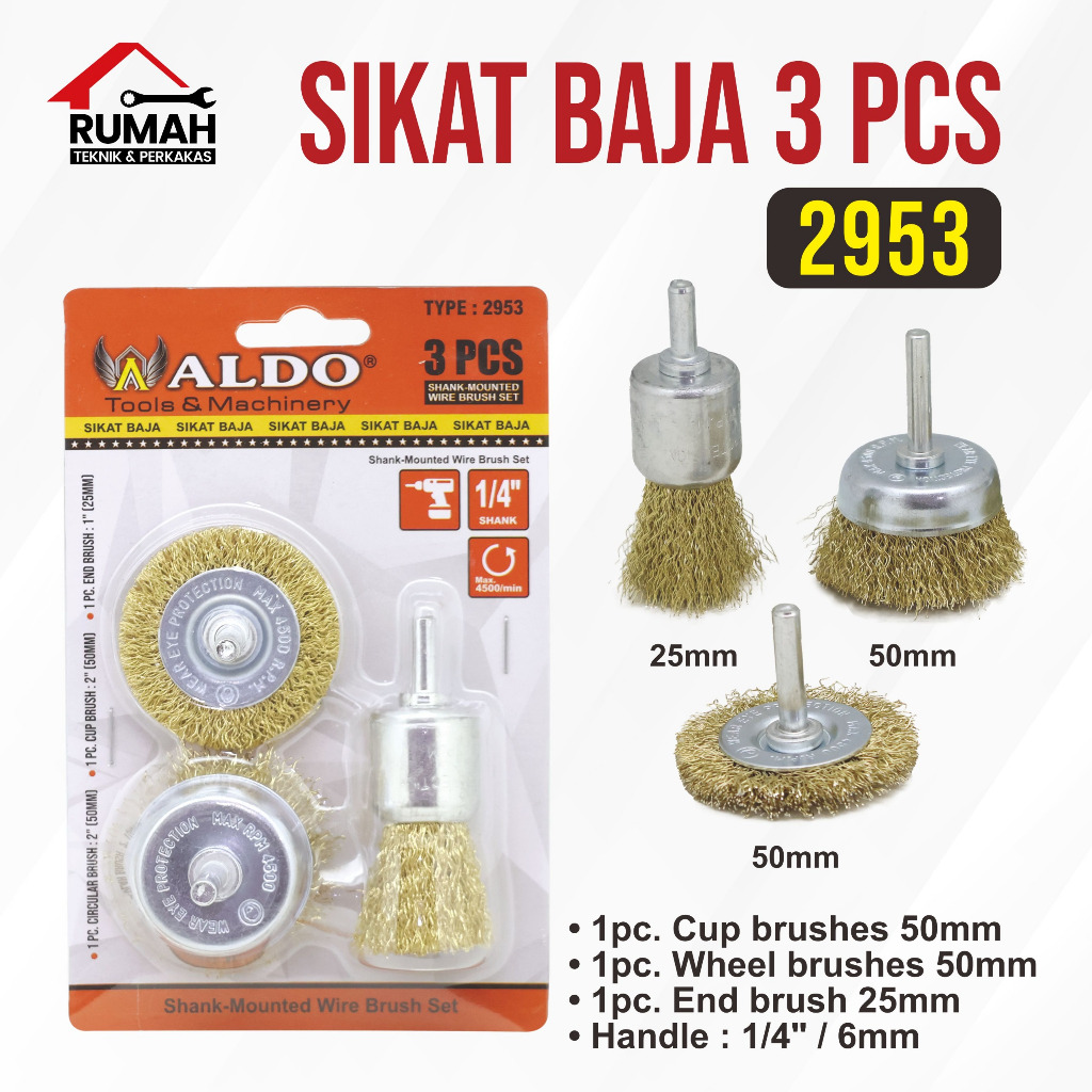 SIKAT BOR BAJA 3 PCS 2953 / mata sikat kawat bor baja / sikat baja mangkok bulat