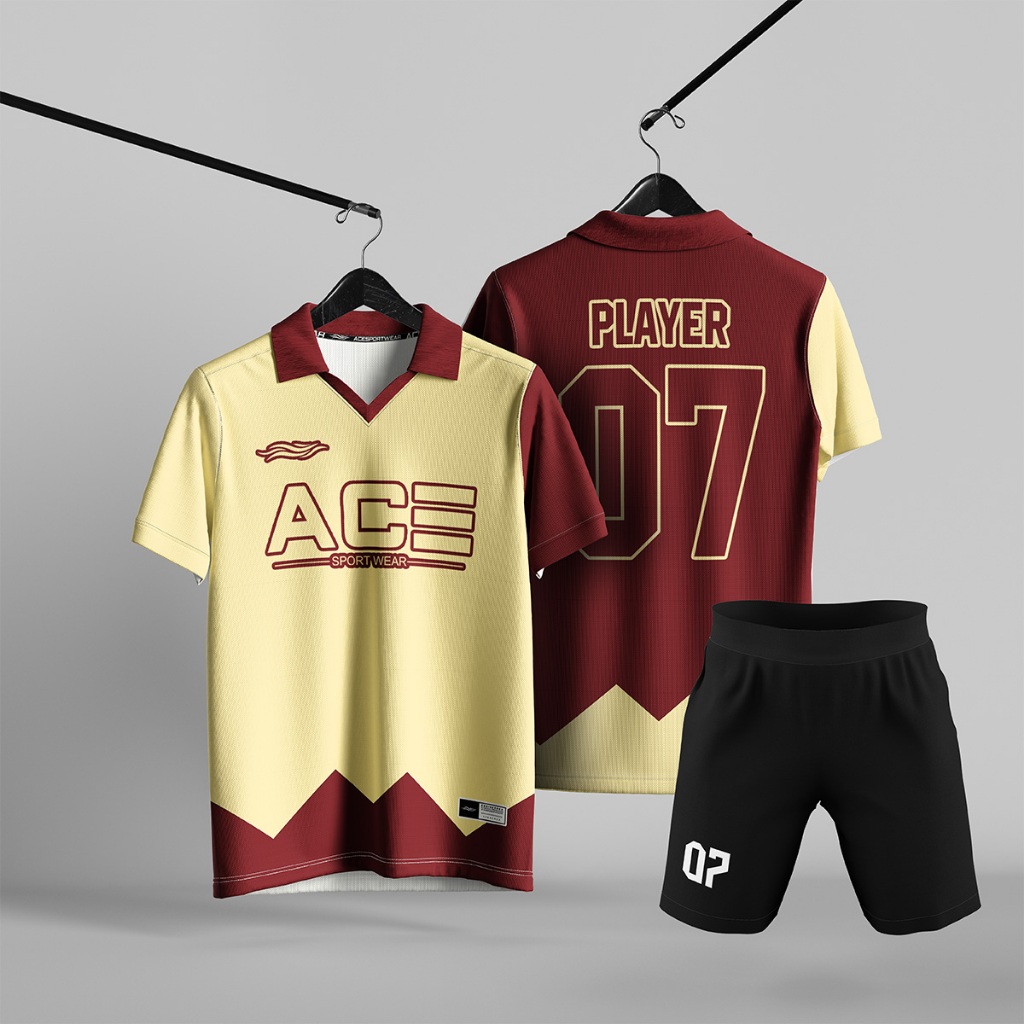 Jersey Futsal Setelan Tim Unisex Warna Cream Maroon Motif Zigzag Kerah Polo