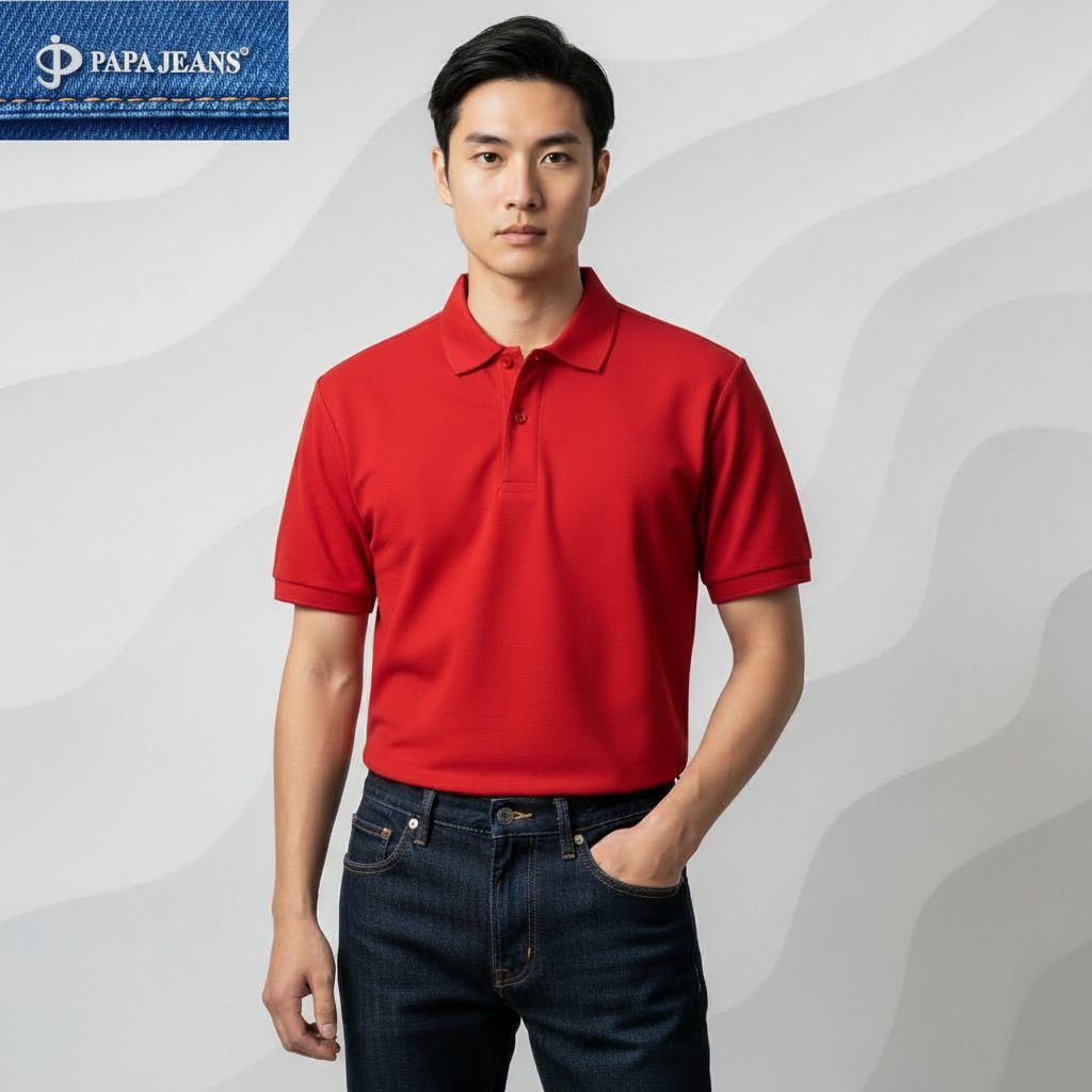 Papa Jeans Kaos Kerah Polo Shirt Lengan Pendek Merah