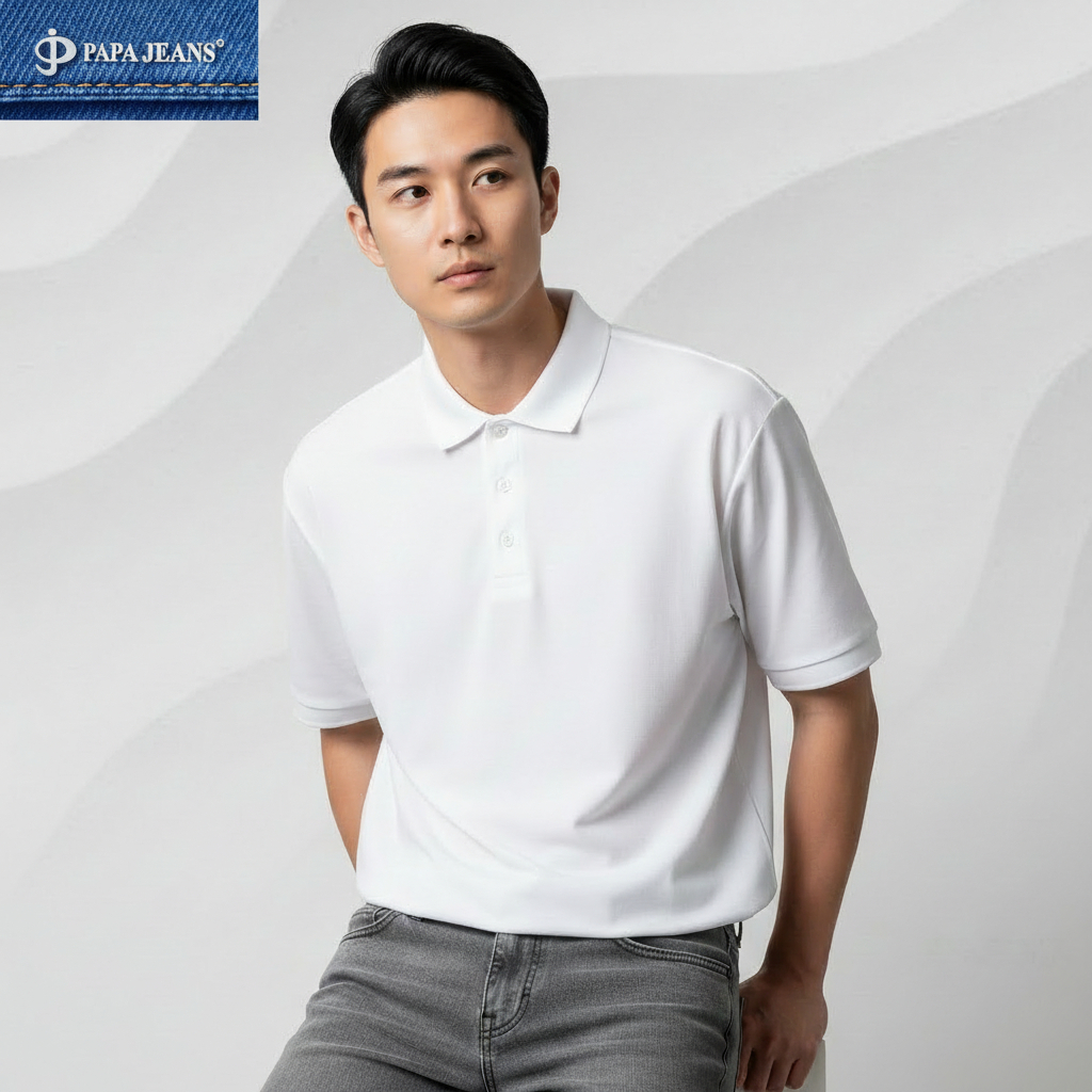Papa Jeans Kaos Kerah Polo Shirt Lengan Pendek Putih
