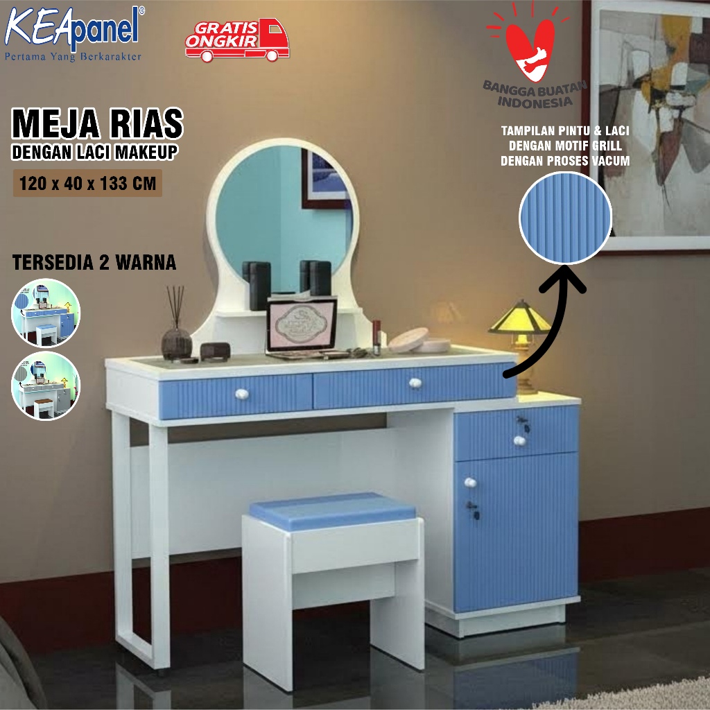 Kea Panel - FREE KURSI Meja Rias Minimalis Putih Biru dan Abu Putih Meja Makeup Modern Cermin Laci B
