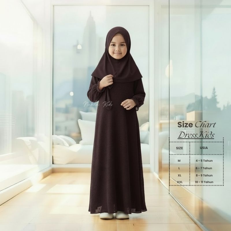 BAJU GAMIS DRESS ANAK NABILA SET KERUDUNG PASMINA CERUTY BABYDOLL MIX TILE PREMIUM