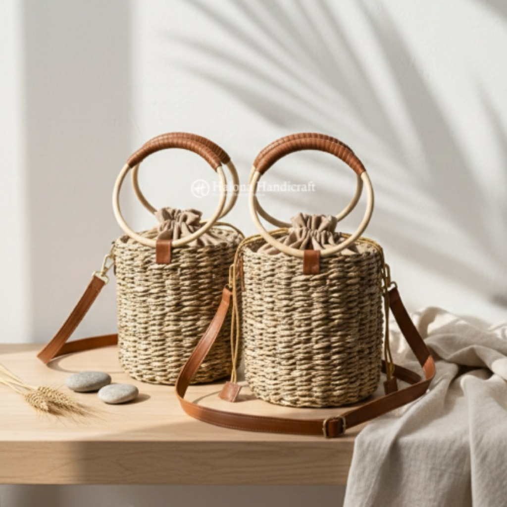 Lula Bags/Tas Wanita Handbag Tabung Handle Rattan Anyaman Mendong Natural