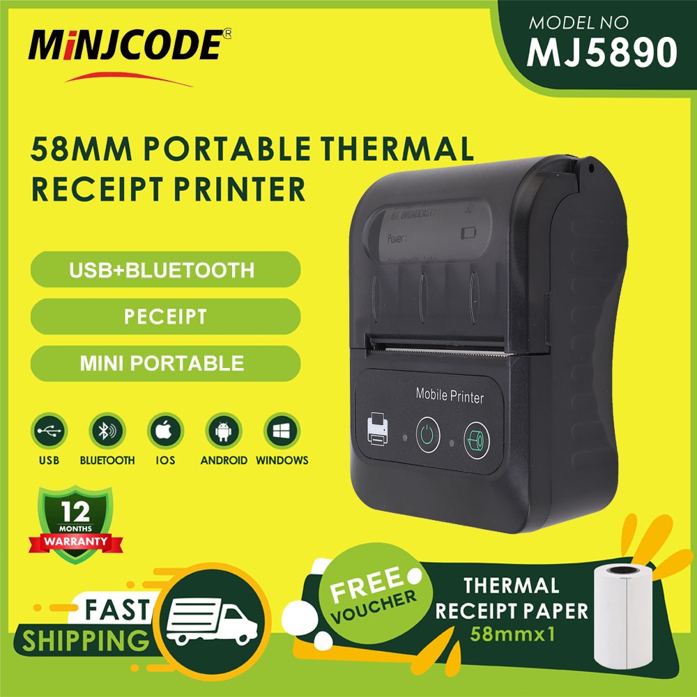 Printer Thermal Portable 58mm MJ5890 Bluetooth USB – Mesin Cetak Struk Mini + Gratis Kertas