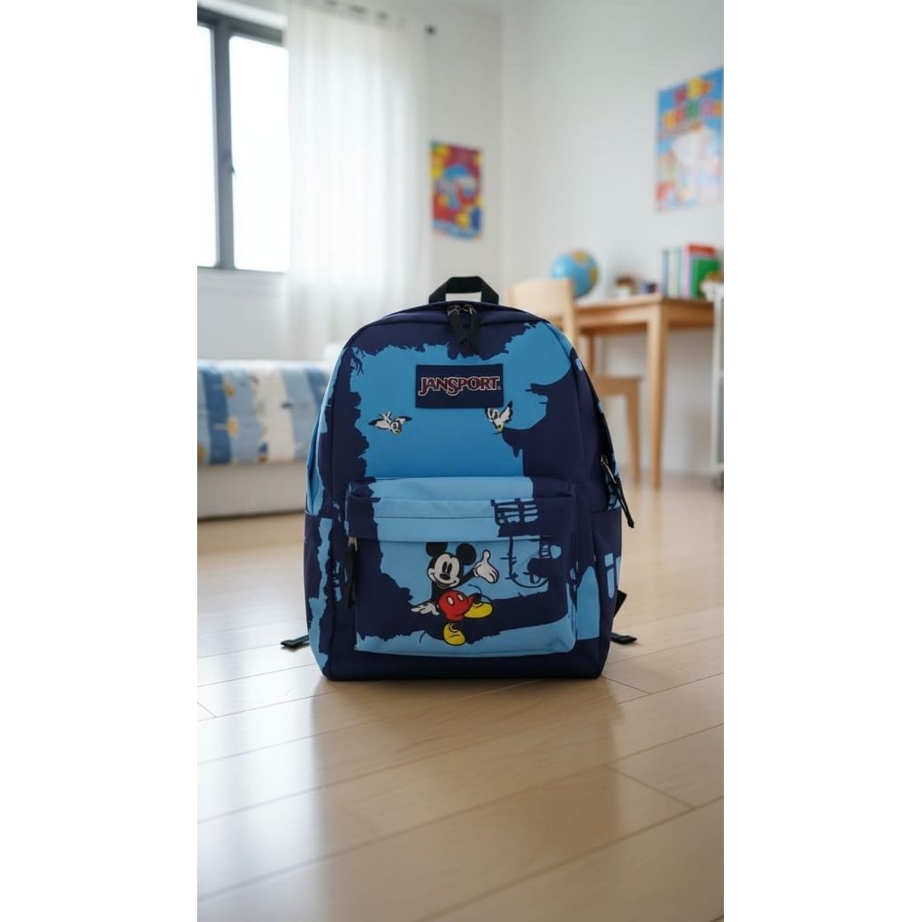 Tas Ransel Jansport motif Mickey biru pria/wanita full embos