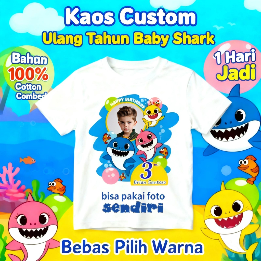 kaos custom family ulang tahun baby shark pakai photo sendiri kaos birthday