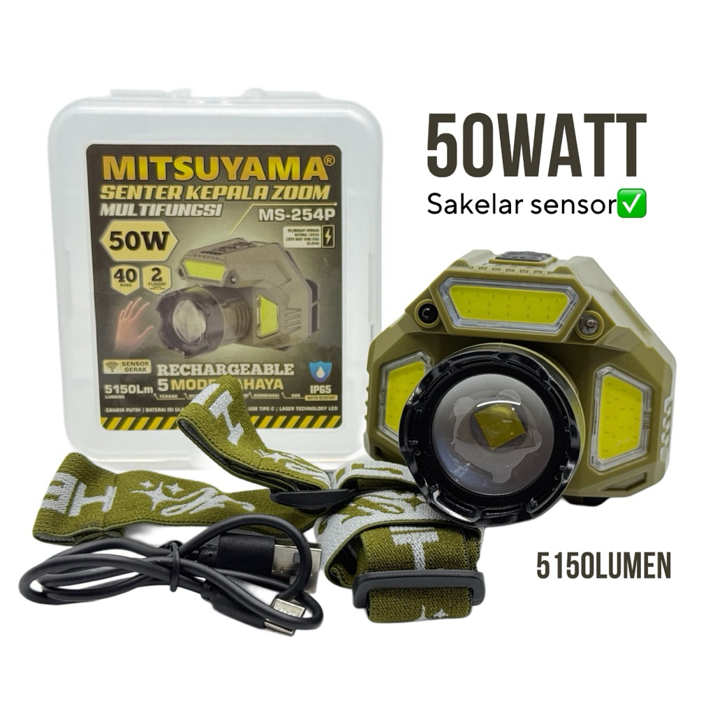 Senter Kepala Zoom Mitsuyama 50W MS- 254P Senter Led COB Mode Sensor Baterai Lepas Pasang