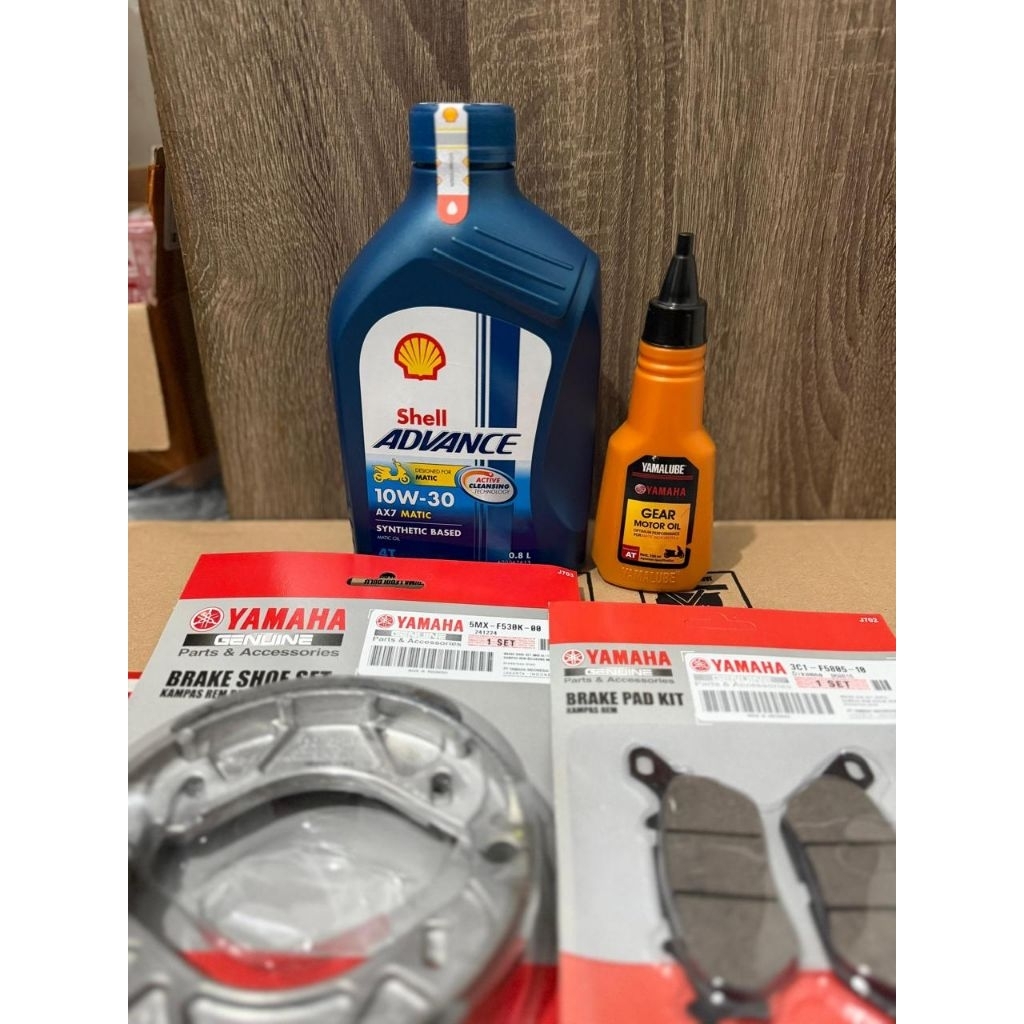 Paket Kampas rem depan&belakang +Oli Shell Advance AX7 matic 0,8L +gardan 100ml yamaha mio J(3C1+5MX