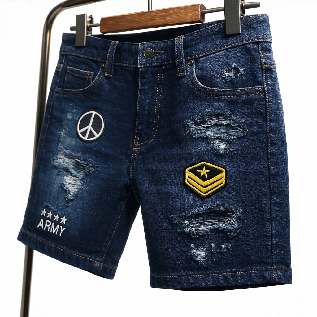 Celana Pendek Pria Jeans Sobek Street Style Denim Sobek Biru Muda Biru Tua Hitam