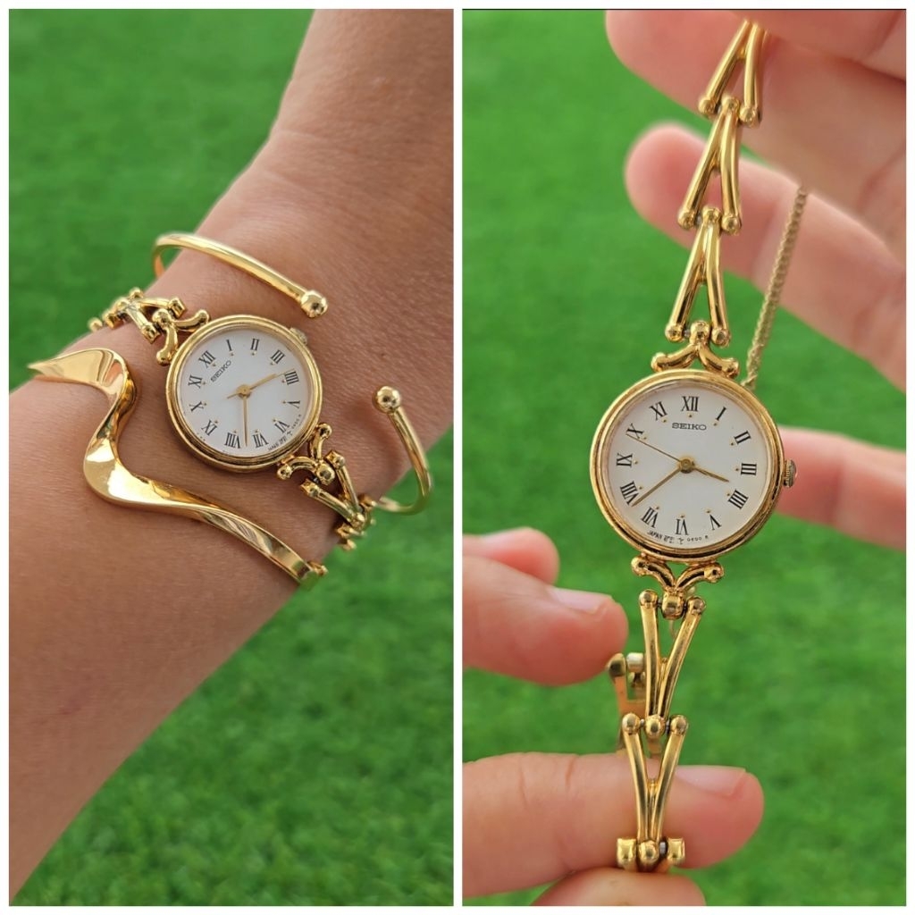 Rare Seiko 2P21-0190 Ladies Quartz Vintage Watch with Roman Index White Dial and Gold Tone Bracelet 