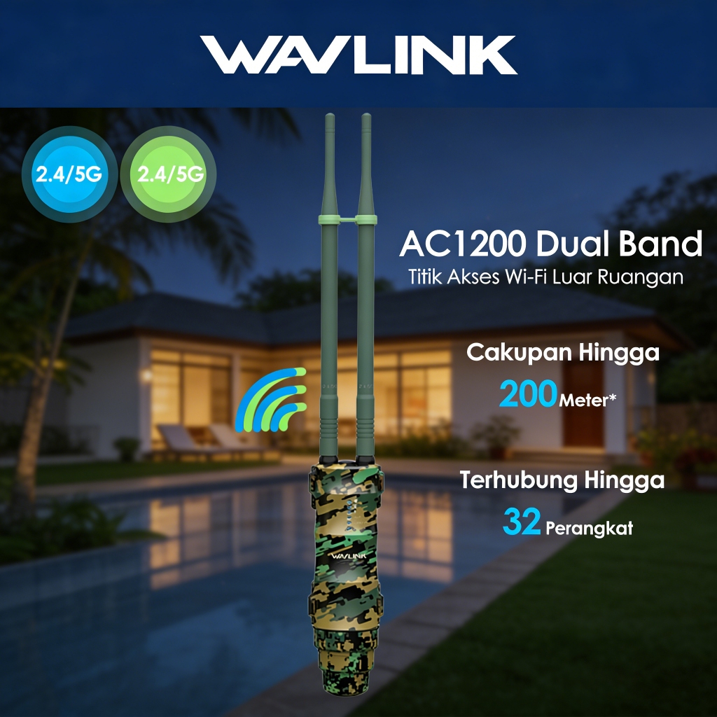 WAVLINK AC1200 Titik Akses Outdoor Dual Band PoE IP67 Tahan Air 2x7dBi Antena